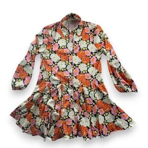 Sunday Up Womens Retro 60s Floral Button Down Pleated Mini Dress Orange Pink M
